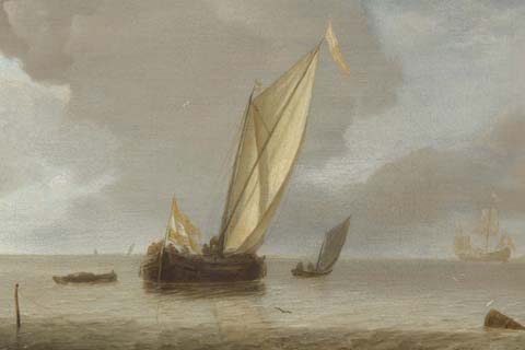 一艘小型的荷兰船在微风中