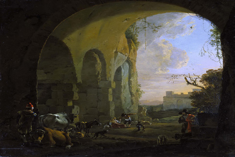 (Asselijn Jan Herders met vee onder een gewelf van het Colosseum te Rome. 1640-1652)