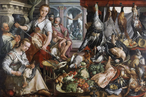 (Beuckelaer Joachim De welvoorziene keuken met op de achtergrond Jezus bij Martha en Maria. 1566)