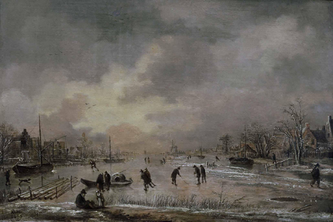 《冬季的房屋景观》-阿尔特·范·德尼尔(Aert van der Neer - Winter Landscape with Houses)