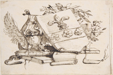 (Attributed to Carlo Bianconi Drawing of a Decorated Coat of Arms surrounded by Books)