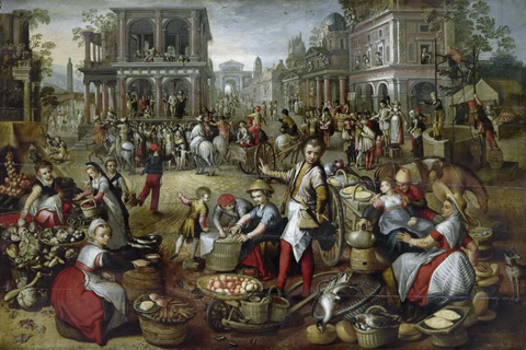 (Beuckelaer Joachim Marktplein met op de achtergrond de geseling Ecce homo en de kruisdraging. 1550-1590)