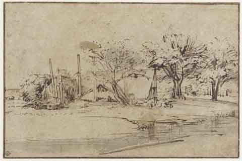 (ReMrandt Harmensz. van Rijn - Landscape with Cottage,Trees, and Stream, c. 1650)