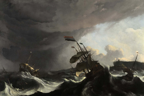 (Bakhuysen Ludolf De oorlogsschepen ’Ridderschap’ (rechts) en ’Hollandia’ (links) aan lager wal tijdens de storm in de Straat van Gibraltar 1694 - 1708)