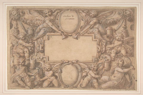 (Andrea Lilio A Cartouche and Two Shields Surrounded by Allegorical Figures)