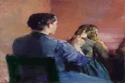 (Christian Krohg - A mother plainting her little daughter's hair)