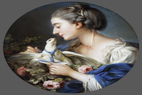《年轻女子把信紧紧的系在鸽子的脖子上》-约翰尼·克里斯蒂安(Attributed to Johann Christian von Mannlich German (active Paris) 1741-1822 Young Woman Fastening a Letter to the Neck of a Pigeon.tif)