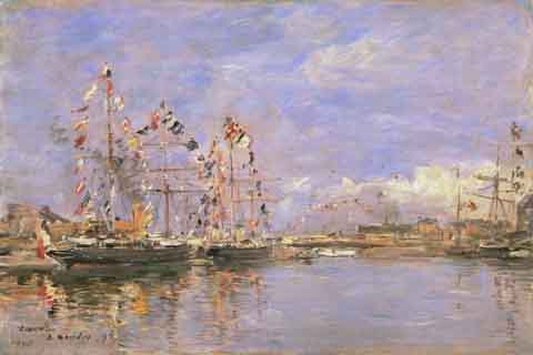 (Eug¨¨ne-Louis Boudin French 1824-1898 Deauville Flag-Decked Ships in the Inner Harbor.tifGH