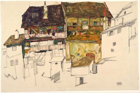 (Egon Schiele (1890–1918)-Old Houses in Krumau, 1914)