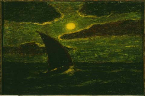 《在月光下航行》-阿尔伯·平卡姆·瑞得(Albert Pinkham Ryder (1847–1917)-Sailing by Moonlight)