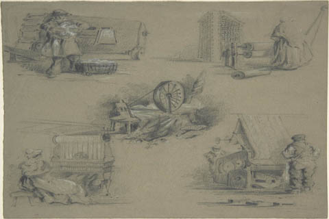 (Anonymous Five drawings showing processes of weaving and spinning)GH