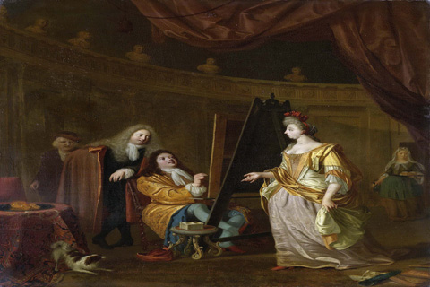 (Bakhuysen Ludolf Een schilder in zijn atelier een dame portretterend. 1707)