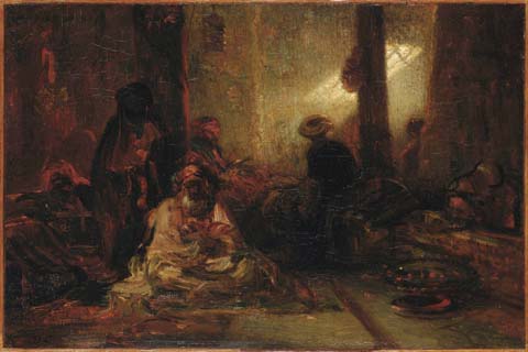 《土耳其咖啡馆》-亚历山大·加布里埃尔·德坎普(Alexandre-Gabriel Decamps (1803–1860)-Interior of a Turkish Cafe)