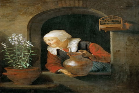 (Gerrit Dou -- Old Woman at the Window Watering her Flowers)