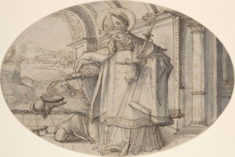 (Attributed to Christoph Amberger Saintly Prelate Distributing Alms)